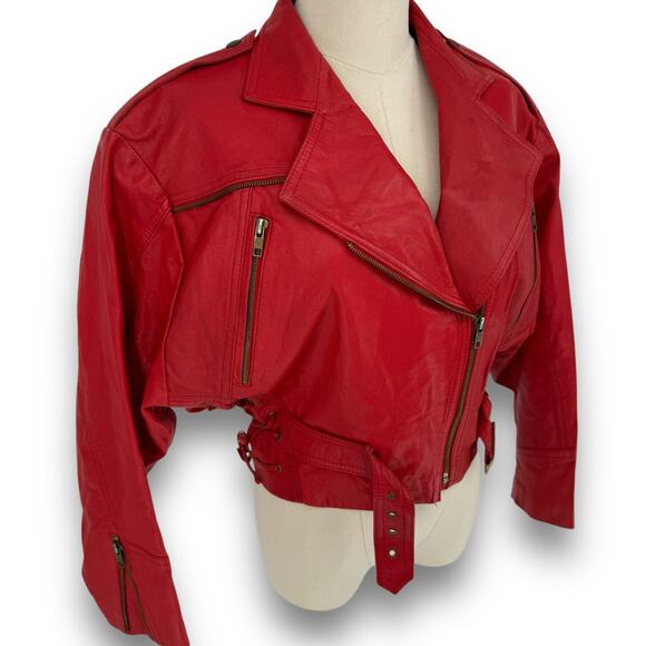 Vintage Cherry Red Leather Cropped Motorcycle Jacket Belt Size 38 - Picture 2 of 11